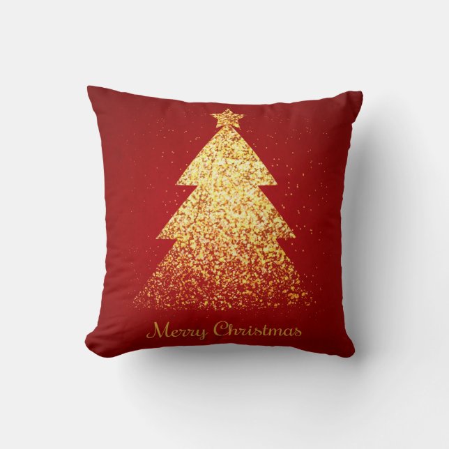 Sparkling Christmas Tree Golden Red Cushion (Front)