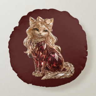 Sparkling Crystal Cute Cat Golden Pink Round Cushion