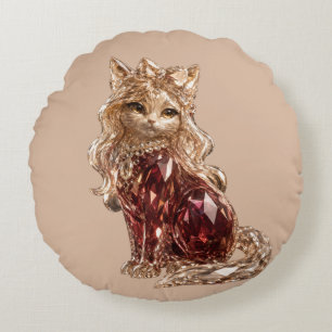Sparkling Crystal Cute Cat Golden Pink Round Cushion