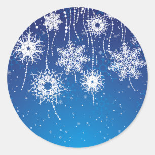 Sparkling Dangling Snowflakes on Blue Classic Round Sticker