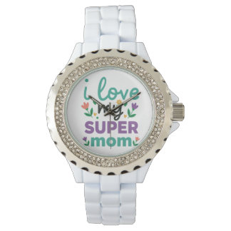 Sparkling Diamond Bezel Super Mom White Link Watch