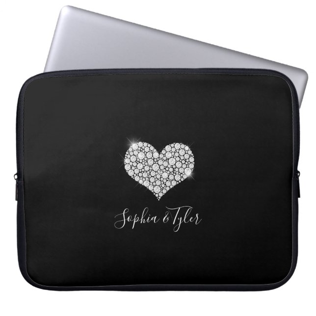 Sparkling Diamond Heart, White Script Names, Black Laptop Sleeve (Front)