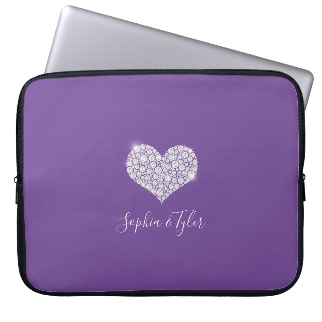 Sparkling Diamond Heart White Script Names, Purple Laptop Sleeve (Front)