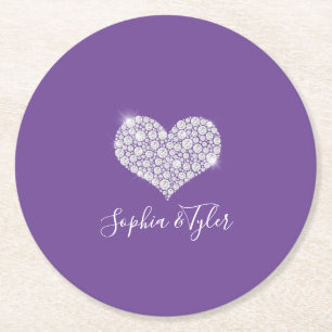 Sparkling Diamond Heart White Script Names, Purple Round Paper Coaster