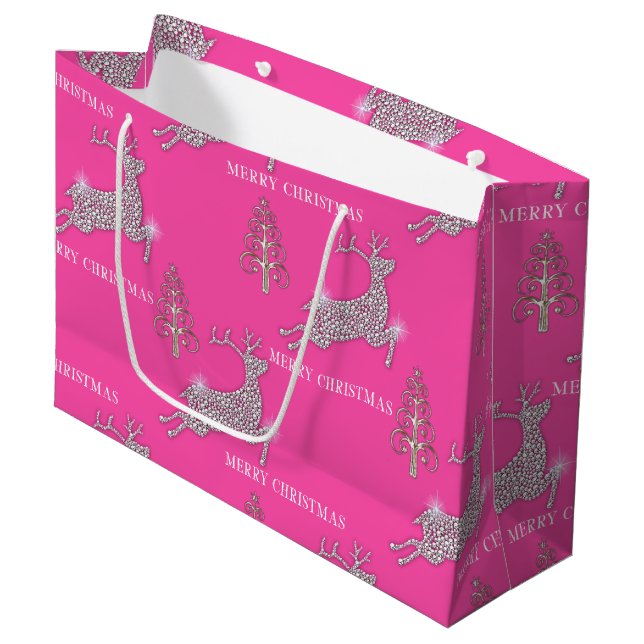 Sparkling Diamond Reindeer on Pink Christmas Large Gift Bag (Front Angled)