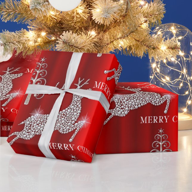 Sparkling Diamond Reindeer Red Christmas Wrapping Paper (Holidays)