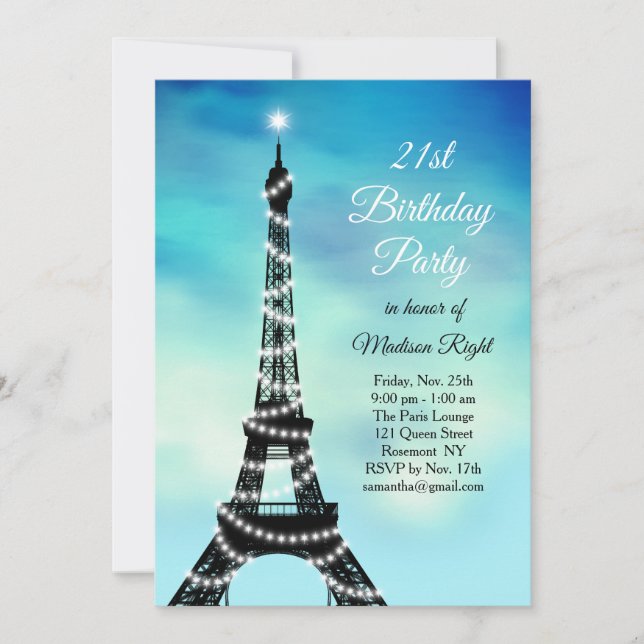 Sparkling Eiffel Tower 21st Birthday turquoise Invitation (Front)