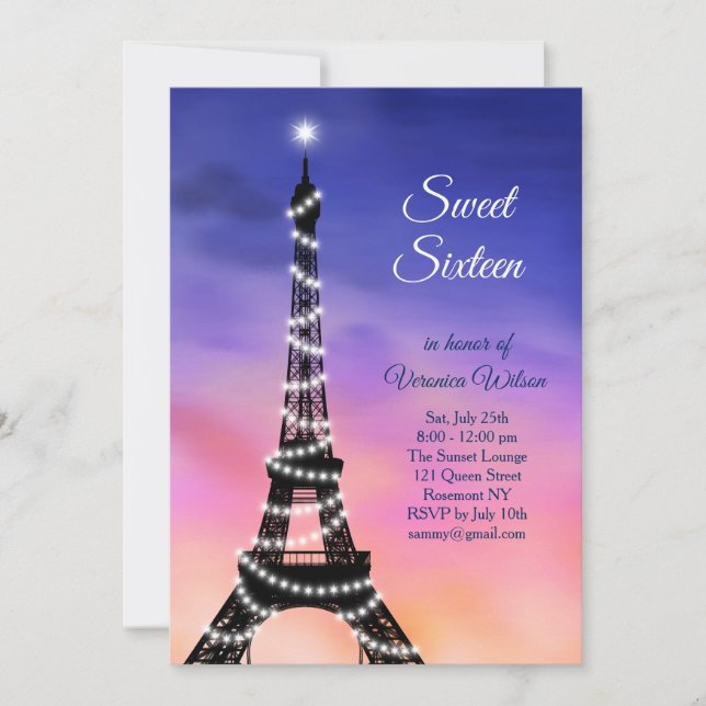 Sparkling Eiffel Tower Sunset Sweet Sixteen Invite (Front)