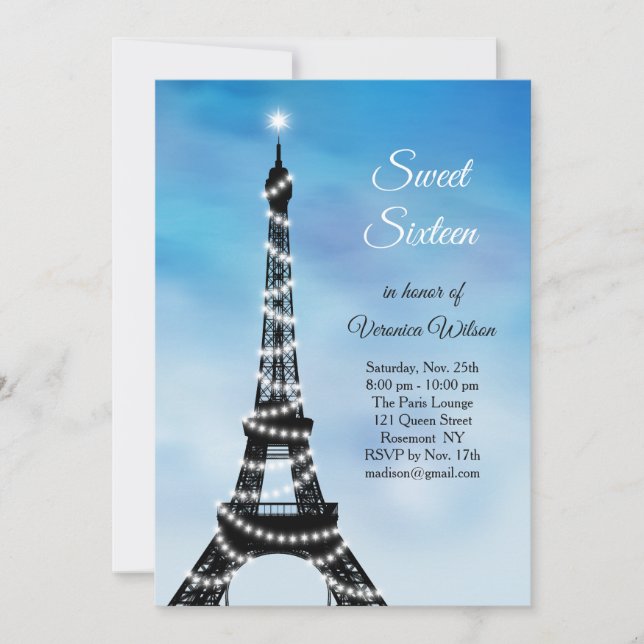 Sparkling Eiffel Tower Sweet Sixteen Invite blue (Front)