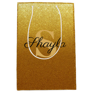 Sparkling Faux Gold Glitter Monogrammed Medium Gift Bag