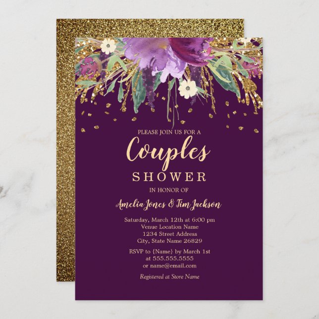 Sparkling Floral Glitter Purple Couples Shower Invitation (Front/Back)
