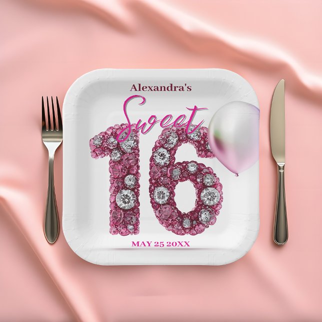 Sparkling Glam Chic Pink & White Gemstone Sweet 16 Paper Plate (Creator Uploaded)