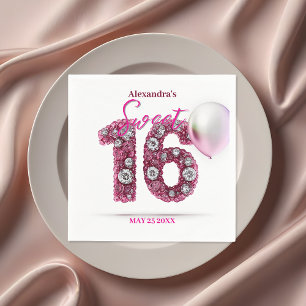 Sparkling Glam Pink & White Gemstone Sweet 16 Napkin
