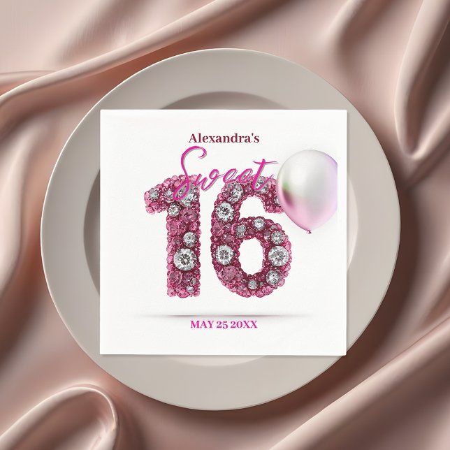 Sparkling Glam Pink & White Gemstone Sweet 16 Napkin (Creator Uploaded)
