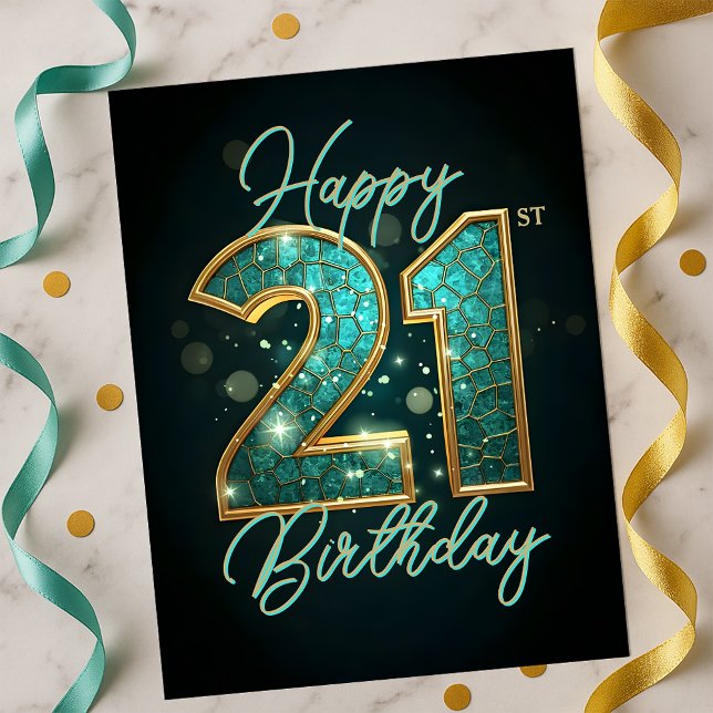 Sparkling Glamourous Teal Gold Black 21st Birthday Postcard (Creator Uploaded)