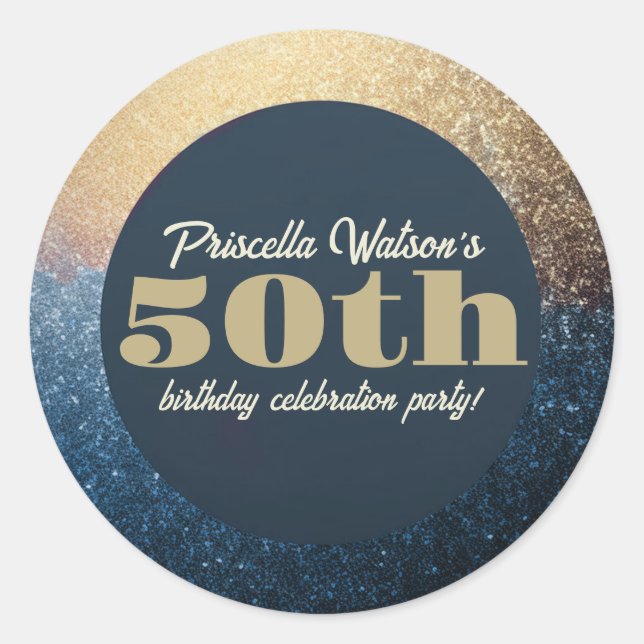 Sparkling Glitter Blue and Gold Birthday Party Classic Round Sticker (Front)