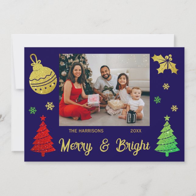 Sparkling Glitter Christmas Tree Jolly Leaf Photo Holiday Card (Front)