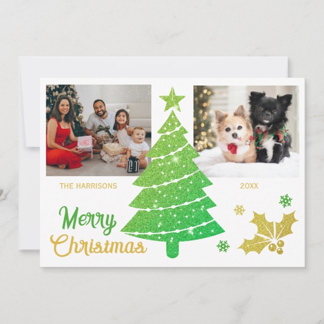 Sparkling Glitter Christmas Tree Two Photos  Holiday Card (Front)