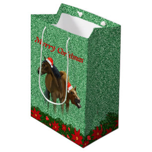 Sparkling Glitter Horses with Santa Hat Christmas Medium Gift Bag