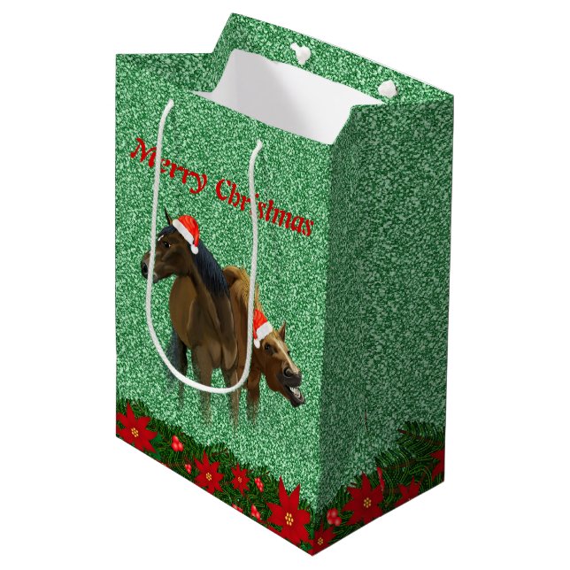 Sparkling Glitter Horses with Santa Hat Christmas  Medium Gift Bag (Front Angled)