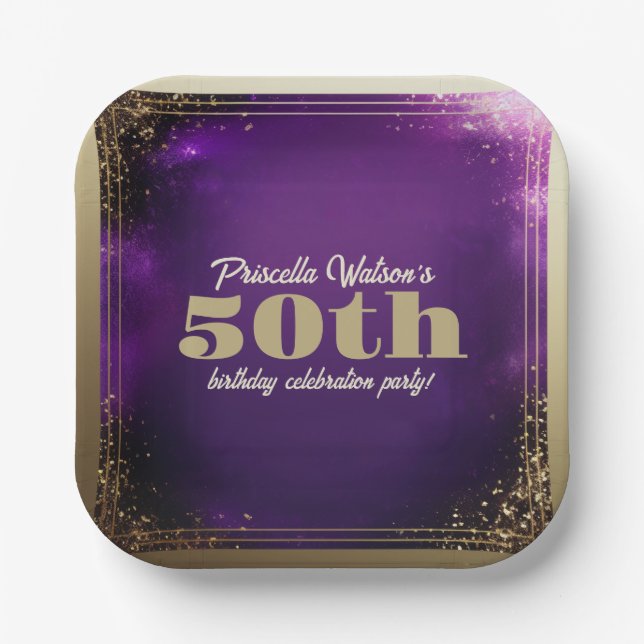 Sparkling Glitter Purple and Gold Birthday Party Paper Plate (Front)