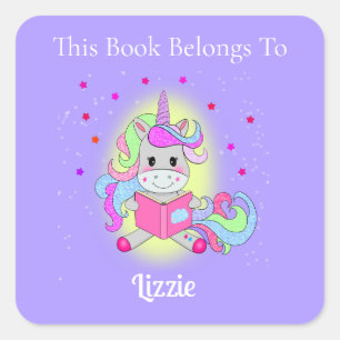 Sparkling Glitter Unicorn Reading Bookplate Square Sticker