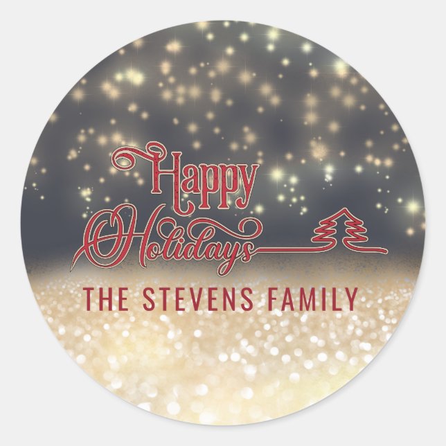 Sparkling glittery gold red script Happy Holidays Classic Round Sticker (Front)