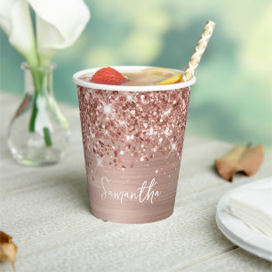 Sparkling Glittery Rose Gold Glam Name Paper Cups