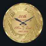Sparkling Gold 50th Wedding Anniversary Large Clock<br><div class="desc">Elegant gold tones floral border with 2 hearts ,  Gold 50th Wedding Anniversary. It comes in silver tones.</div>