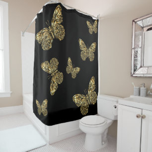Sparkling gold butterflies at black Shower Curtain