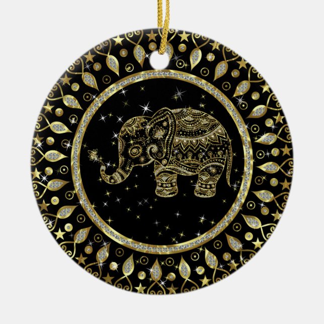 Sparkling gold elephant with gold frame ceramic tree decoration (Front)