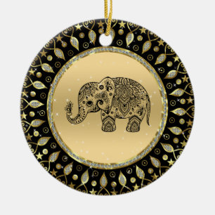 Sparkling gold frame black floral elephant ceramic tree decoration