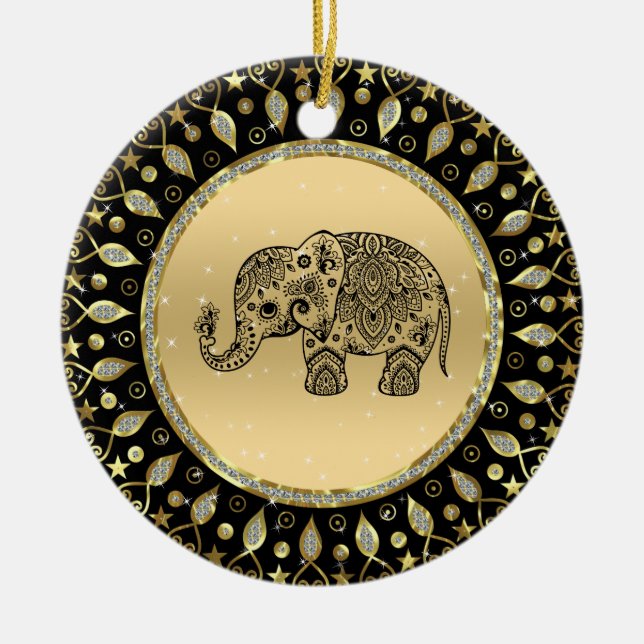 Sparkling gold frame black floral elephant ceramic tree decoration (Front)