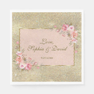 Sparkling Gold Glitter Blush Floral Wedding Napkin