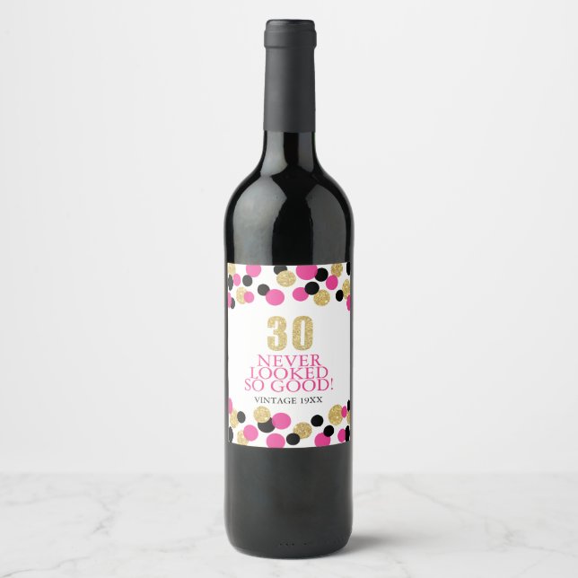 Sparkling Gold Glitter Pink Confetti 30th Birthday Wine Label (Front)