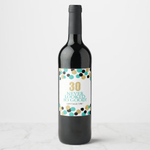 Sparkling Gold Glitter Teal Confetti 30th Birthday Wine Label