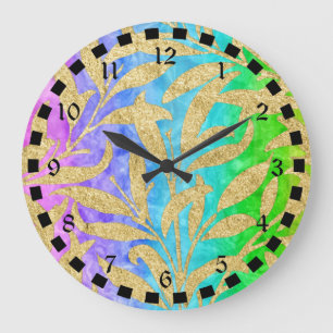 Sparkling gold leaf pattern rainbow of colours large clock