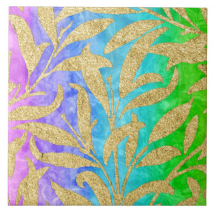 Sparkling gold leaf pattern rainbow of colours tile