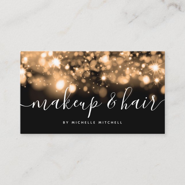 Sparkling Gold Lights MakeUp & Hair Business Card (Front)