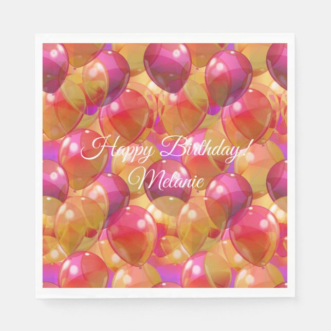 Sparkling Gold Pink Coral Birthday Party Balloons Napkin (Front)