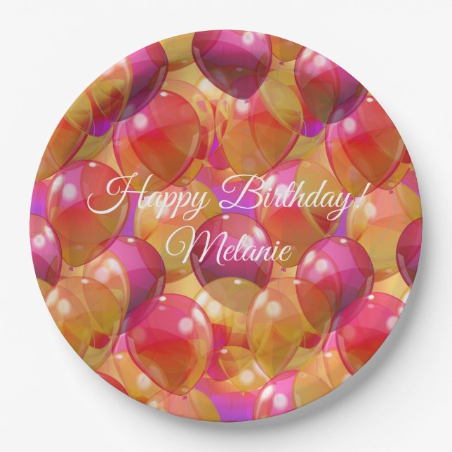 Sparkling Gold Pink Coral Birthday Party Balloons Paper Plate (Front)