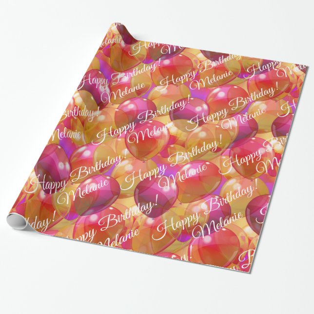 Sparkling Gold Pink Coral Birthday Party Balloons Wrapping Paper (Unrolled)