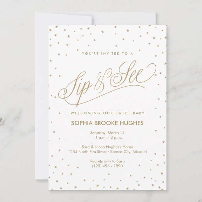 Sparkling Gold Stars Modern Sip and See Shower Invitation (Front)