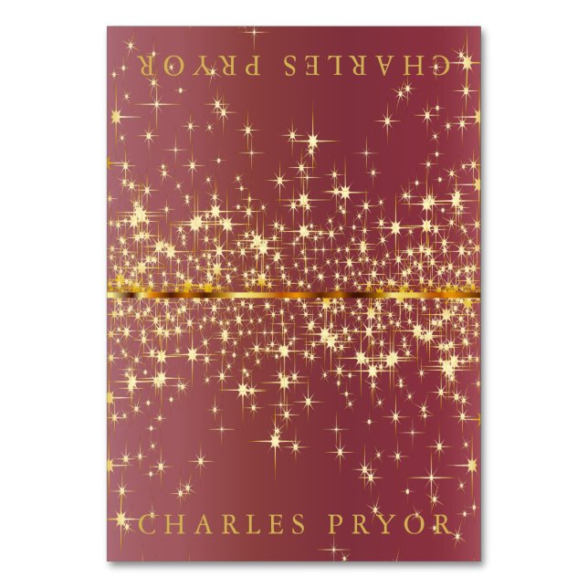 Sparkling Gold Stars on Dusty Rose Name Cards (Front)