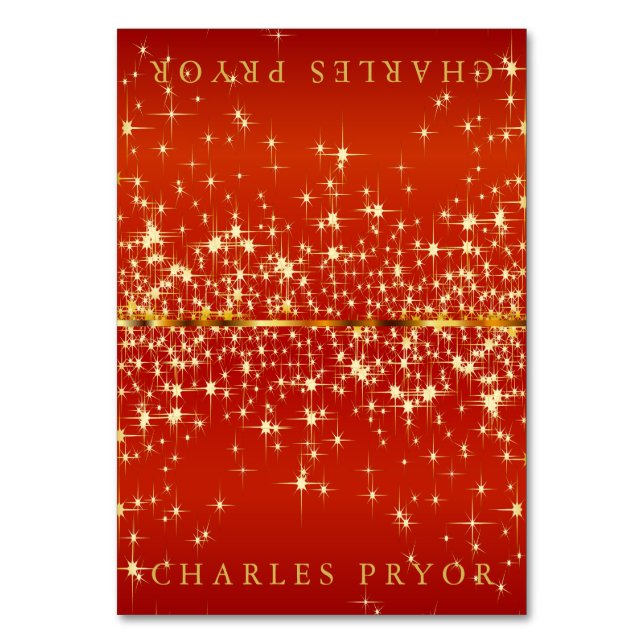 Sparkling Gold Stars on Red Satin Tent Name Cards (Front)