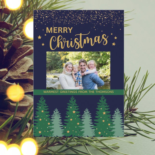 Sparkling Gold Stylish Winter Pine Tree Christmas  Holiday Card (Creator Uploaded)