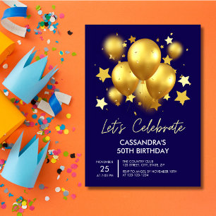 Sparkling Golden Balloons Stars Navy Birthday  Invitation