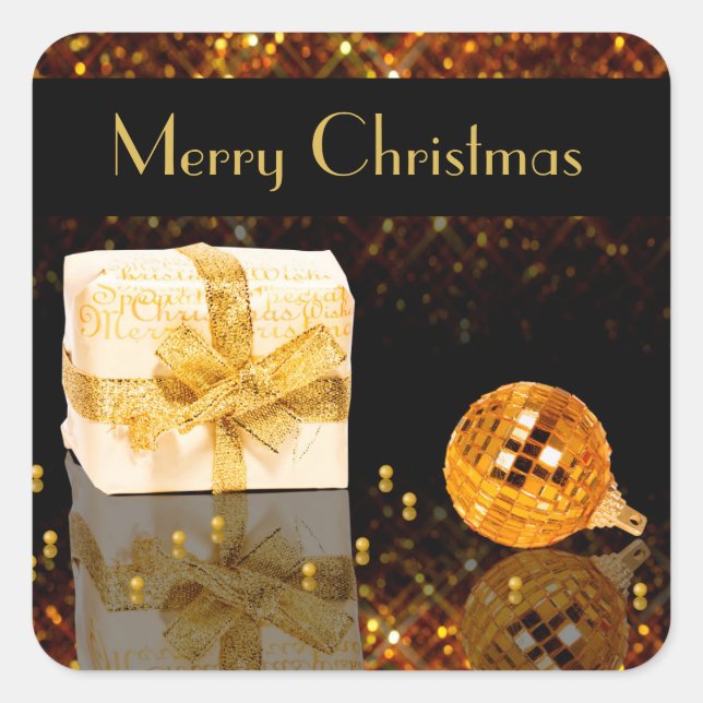 Sparkling Golden Christmas Square Sticker (Front)