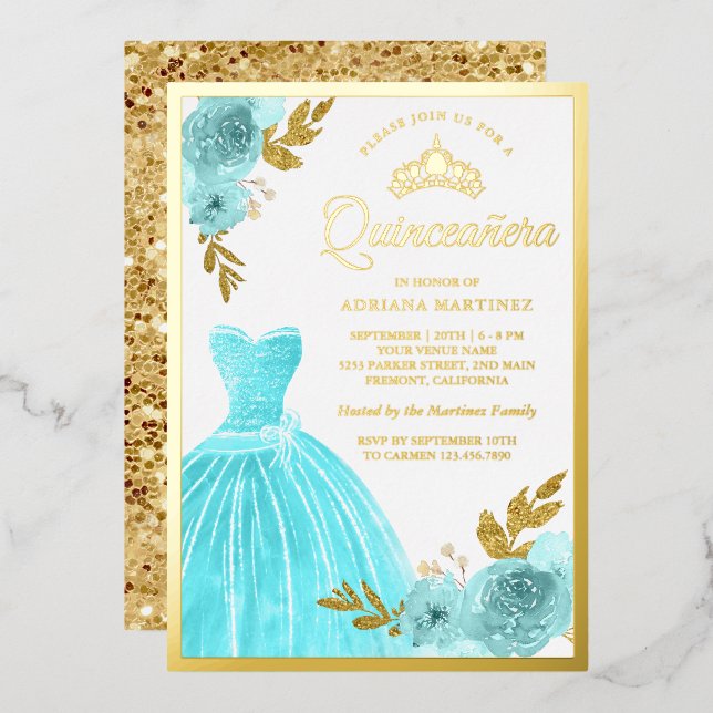 Sparkling Gown Aqua Blue Floral Quinceanera Gold (Front/Back)
