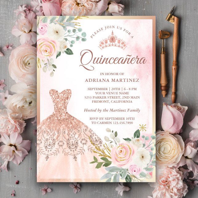 Sparkling Gown Blush Floral  Rose Gold Quinceanera Invitation (Creator Uploaded)